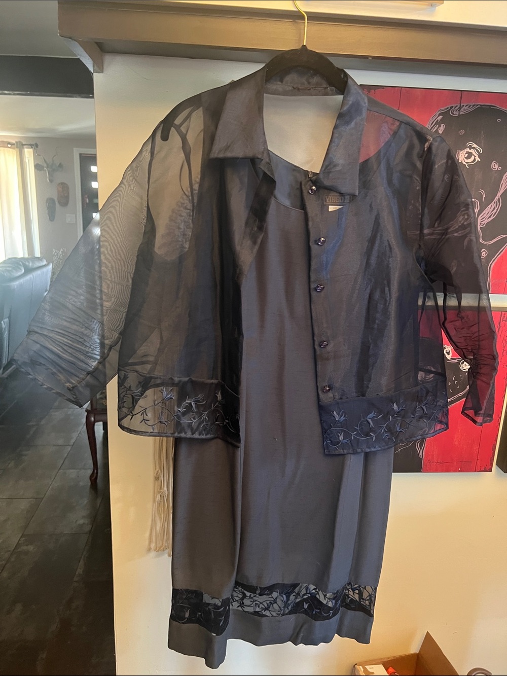 Navy Virgo Sheer Navy Embroidered Cape Jacket with Sheath Dress